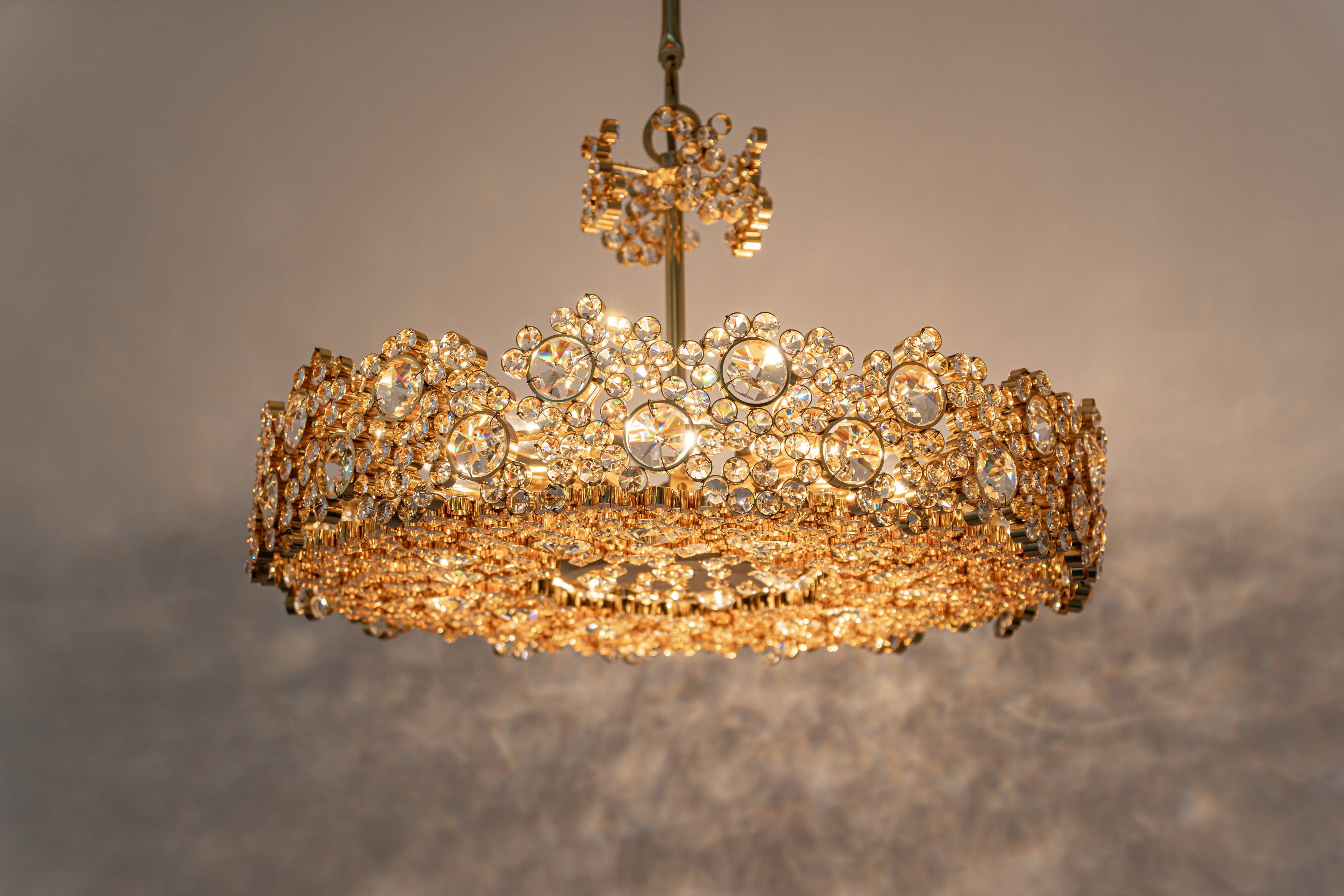 Gilt Brass and Crystal Glass Encrusted Chandeliers by Palwa, Germany, 1970s