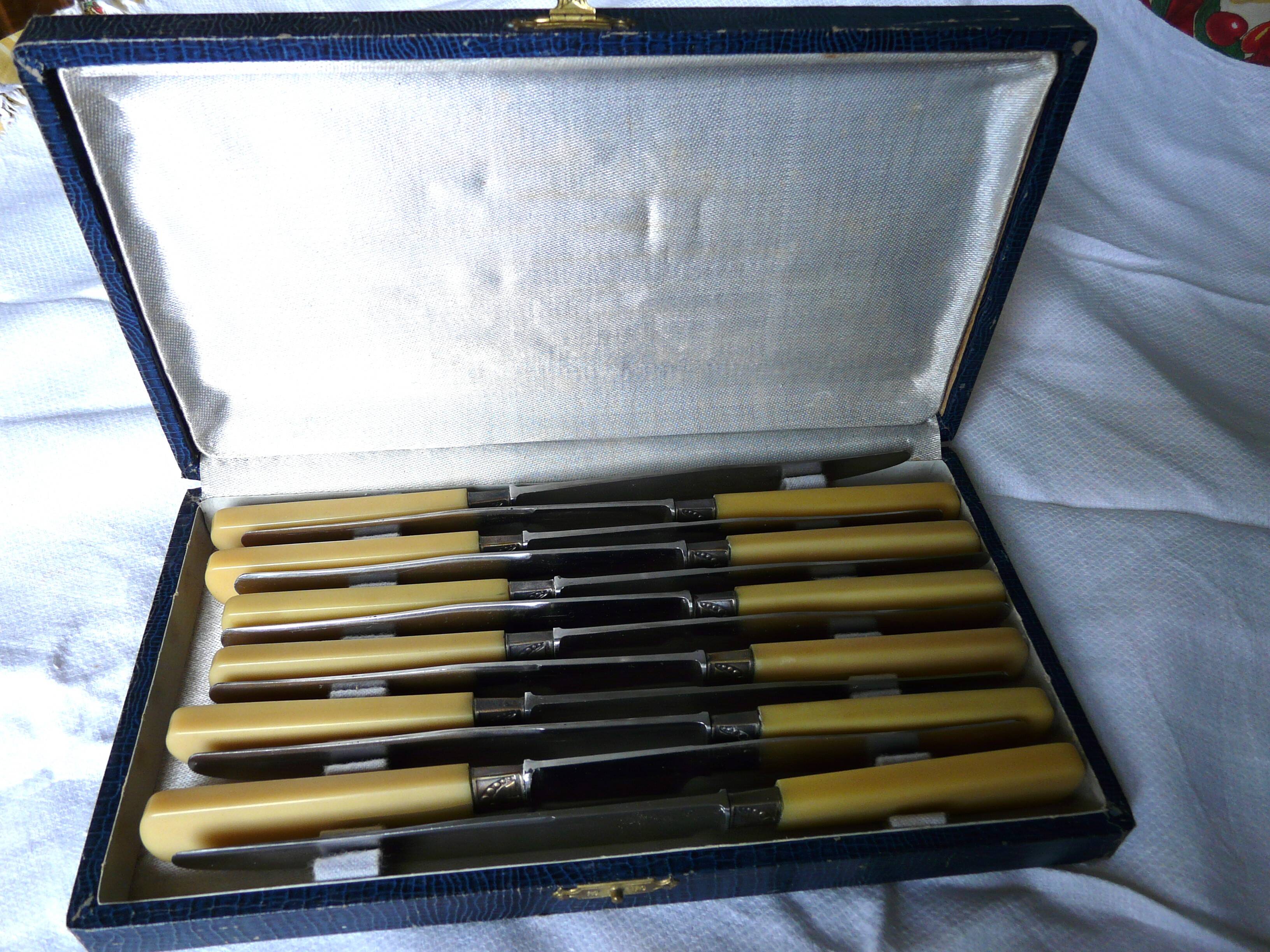 box of 12 stainless steel knives with bakelite handle and silver metal ferrule art decp