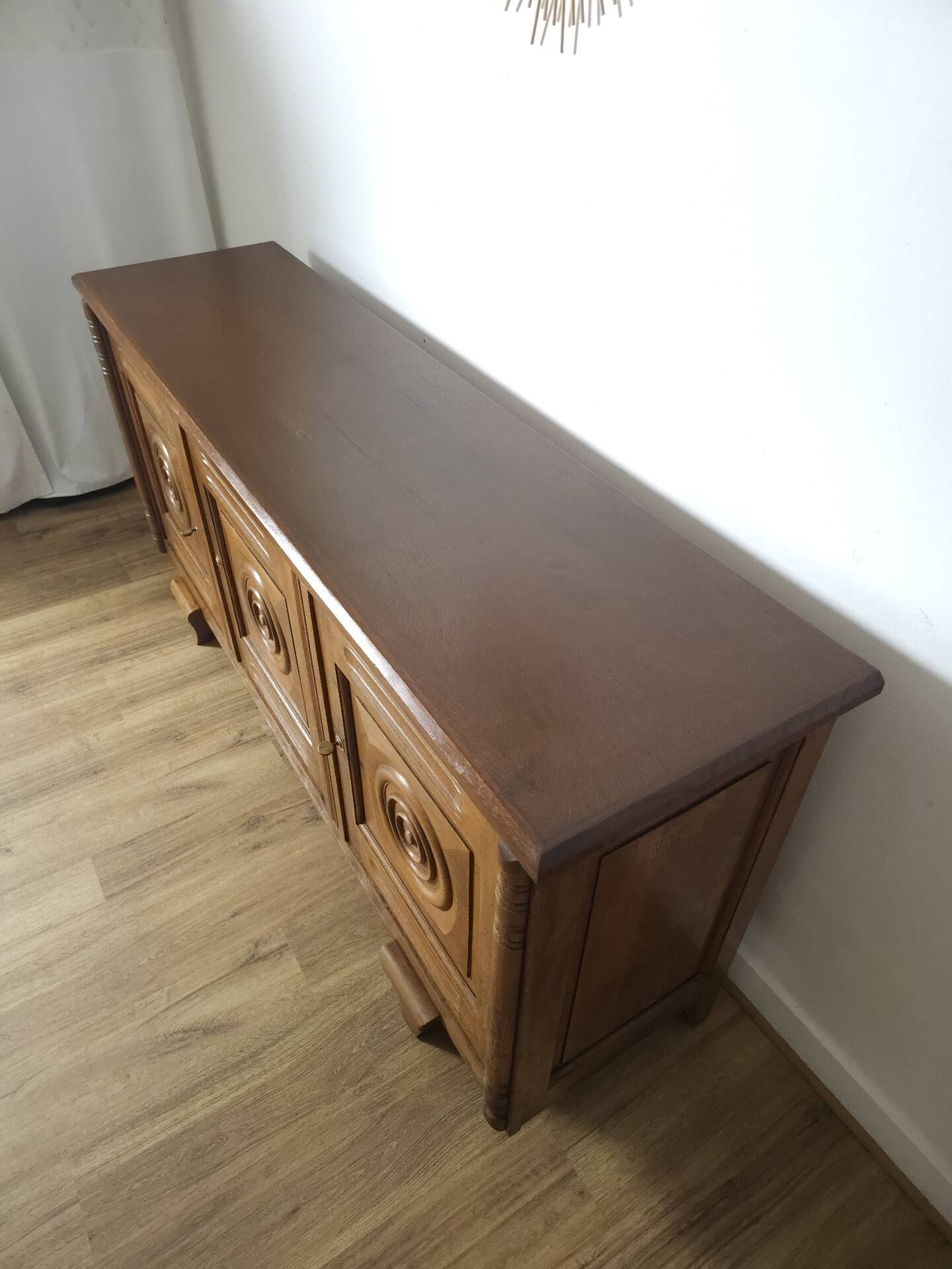 Solid oak sideboard, brutalist and Art Deco work, mid-century.