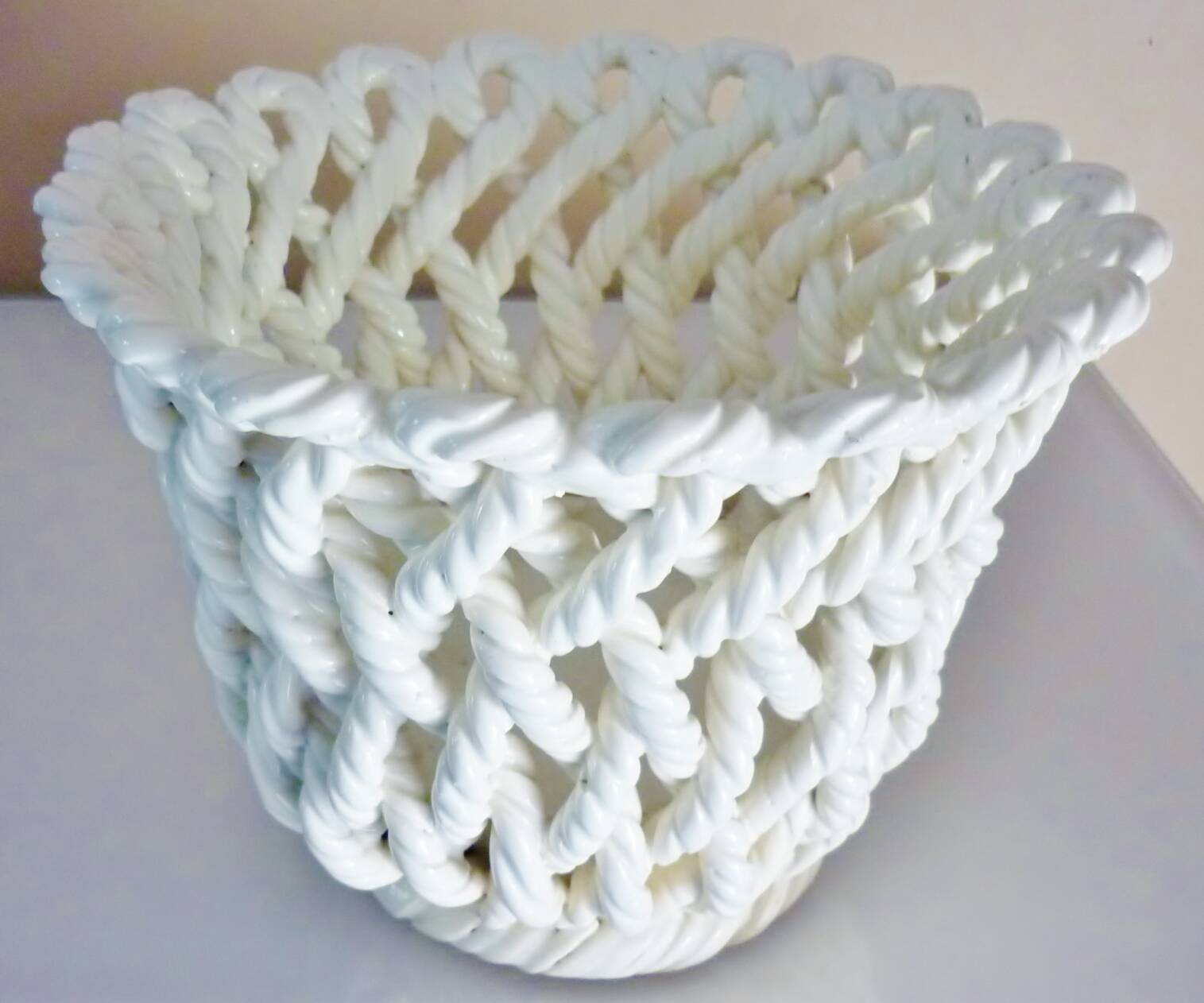White enameled ceramic pot cover, braided, openwork, vintage