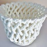 White enameled ceramic pot cover, braided, openwork, vintage