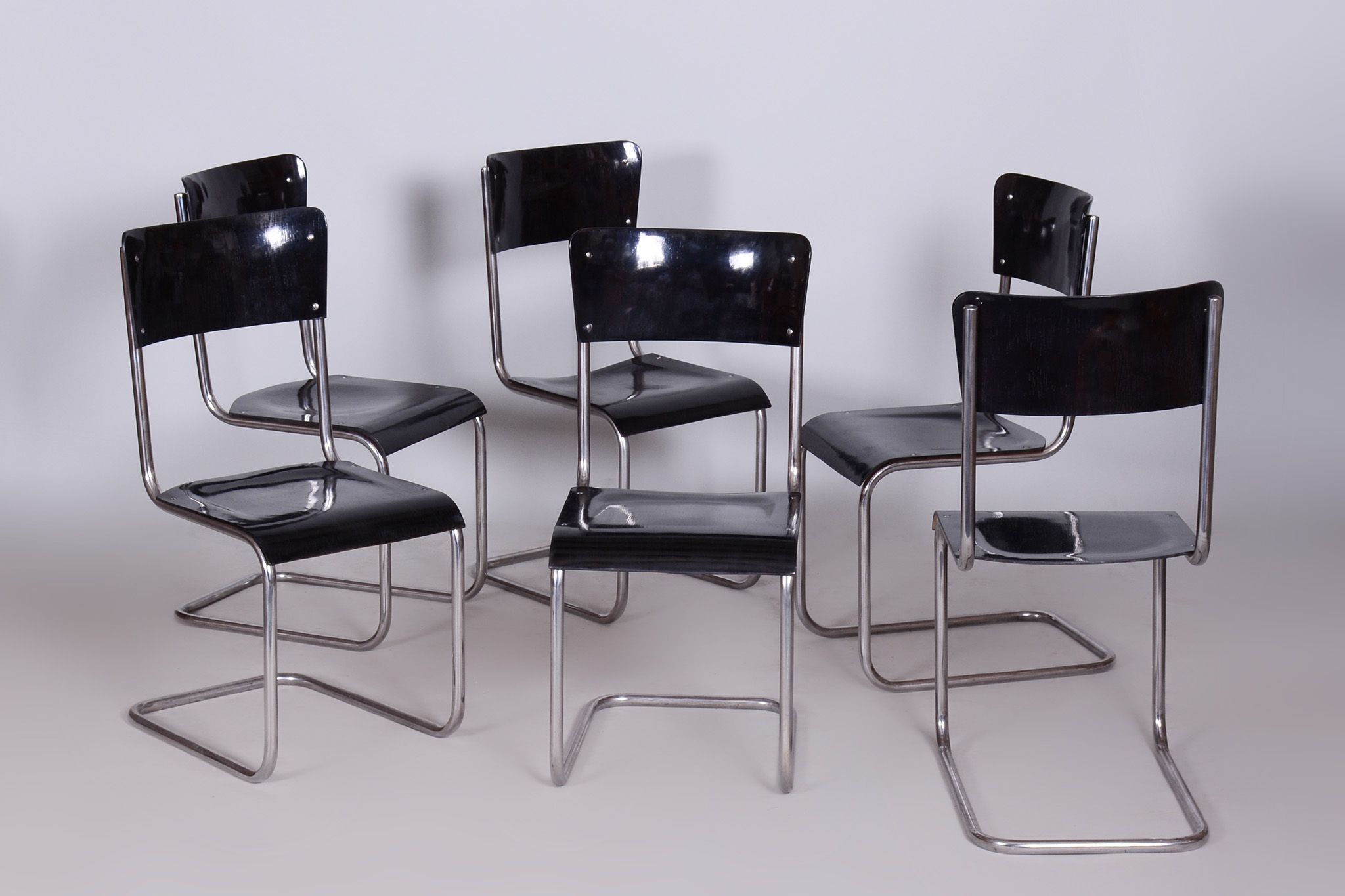 Set of 6 Vintage Bauhaus Chairs, Restored, Gloss, Vichr a Spol, Czechia, 1930s