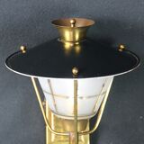 Mid-Century Brass, Black Metal and Opaline Gilt Glass Lantern and sconces, Maison Lunel, France