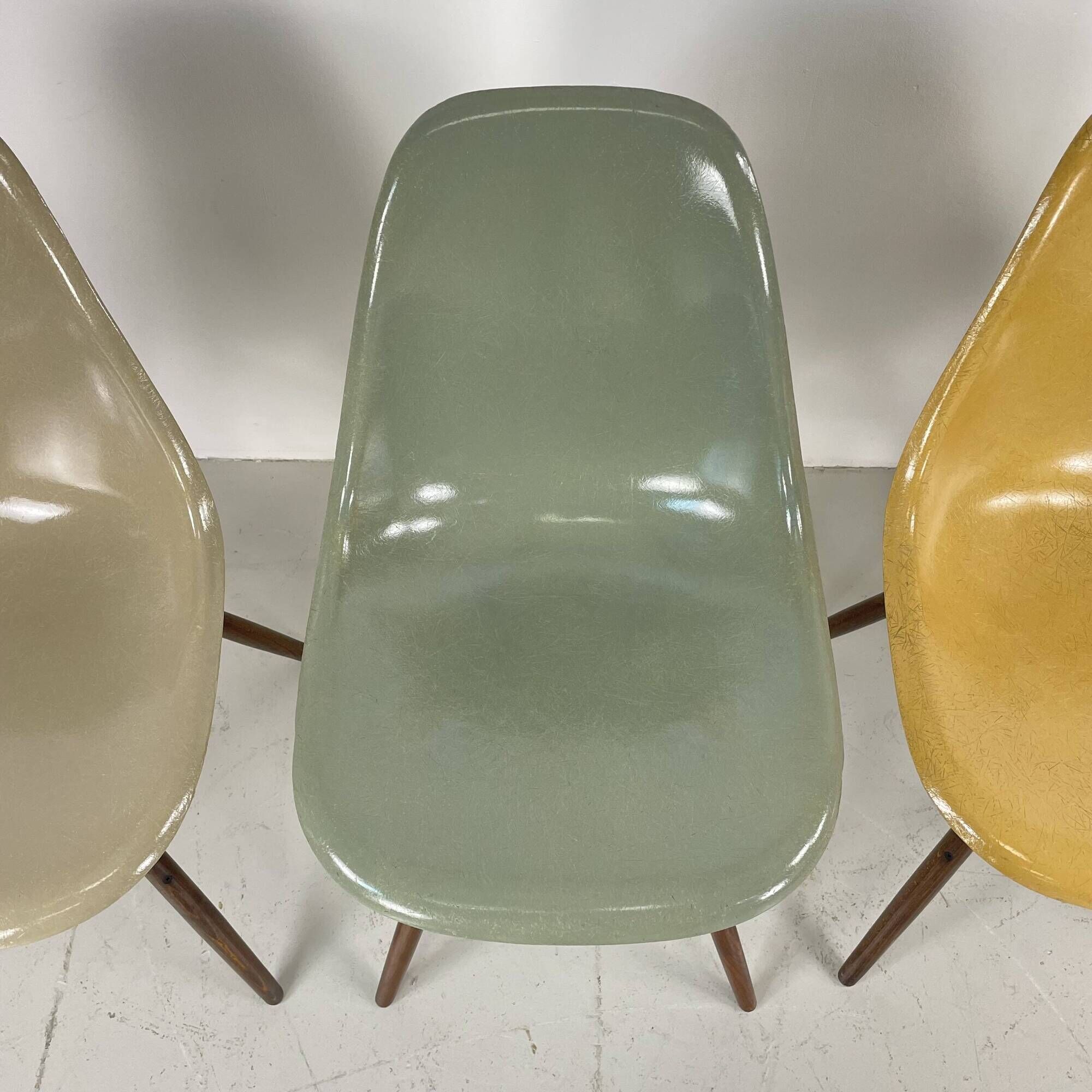 Eames Herman Miller DSW side chairs in greige, seafoam green, light ochre and parchment with slight
