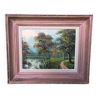 Tableau huile sur toile mau louis bord de rivière + cadre bois #a217