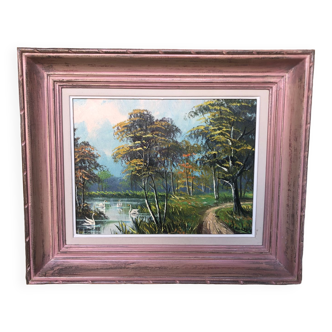 Oil Painting on Canvas MAU LOUIS Riverside + Wood Frame #A217