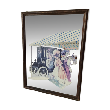 Miroir vintage années 60 - Scène rétro "Belle Époque" - Cadre bois