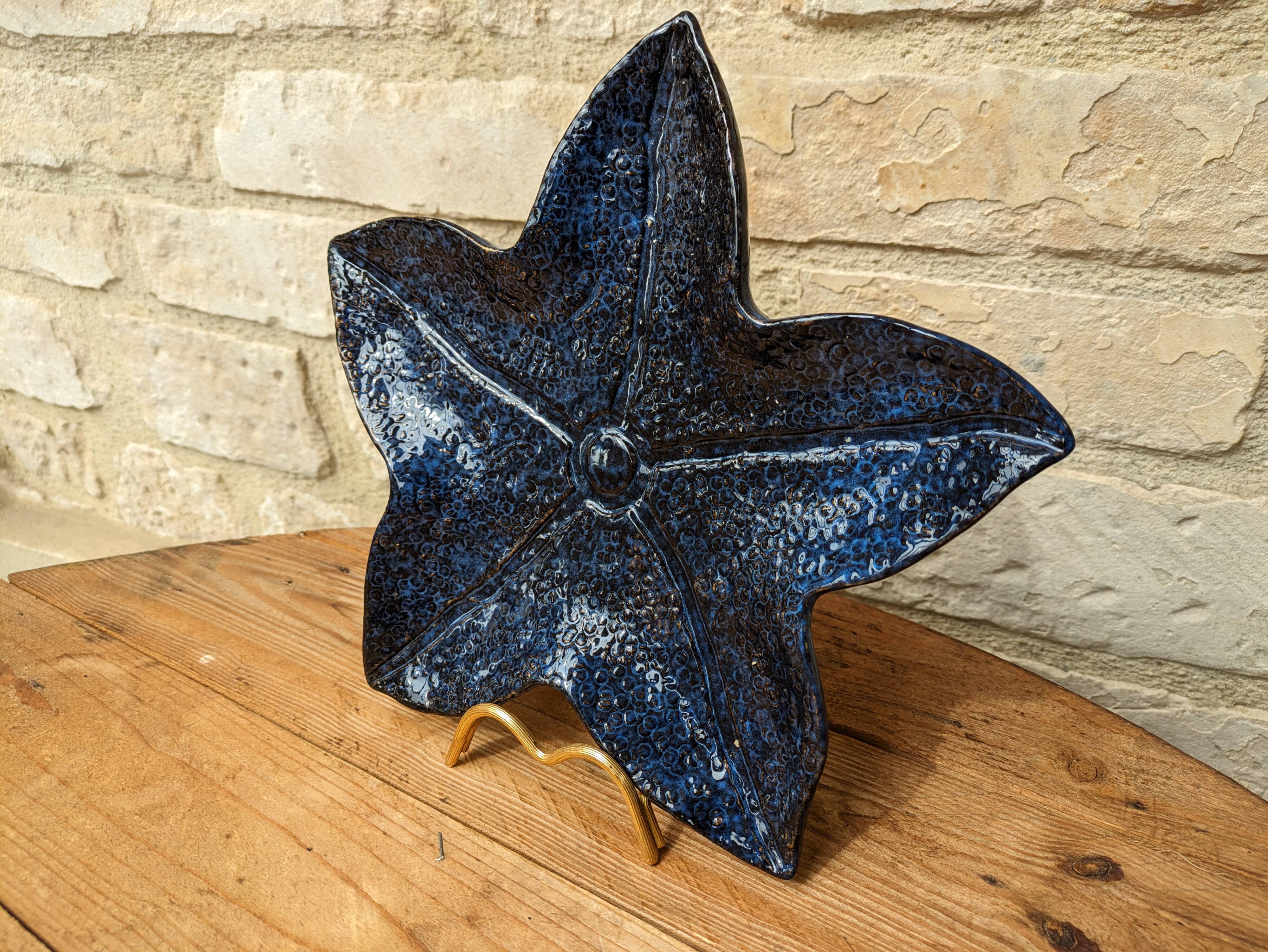 Blue ceramic starfish shaped flat plate