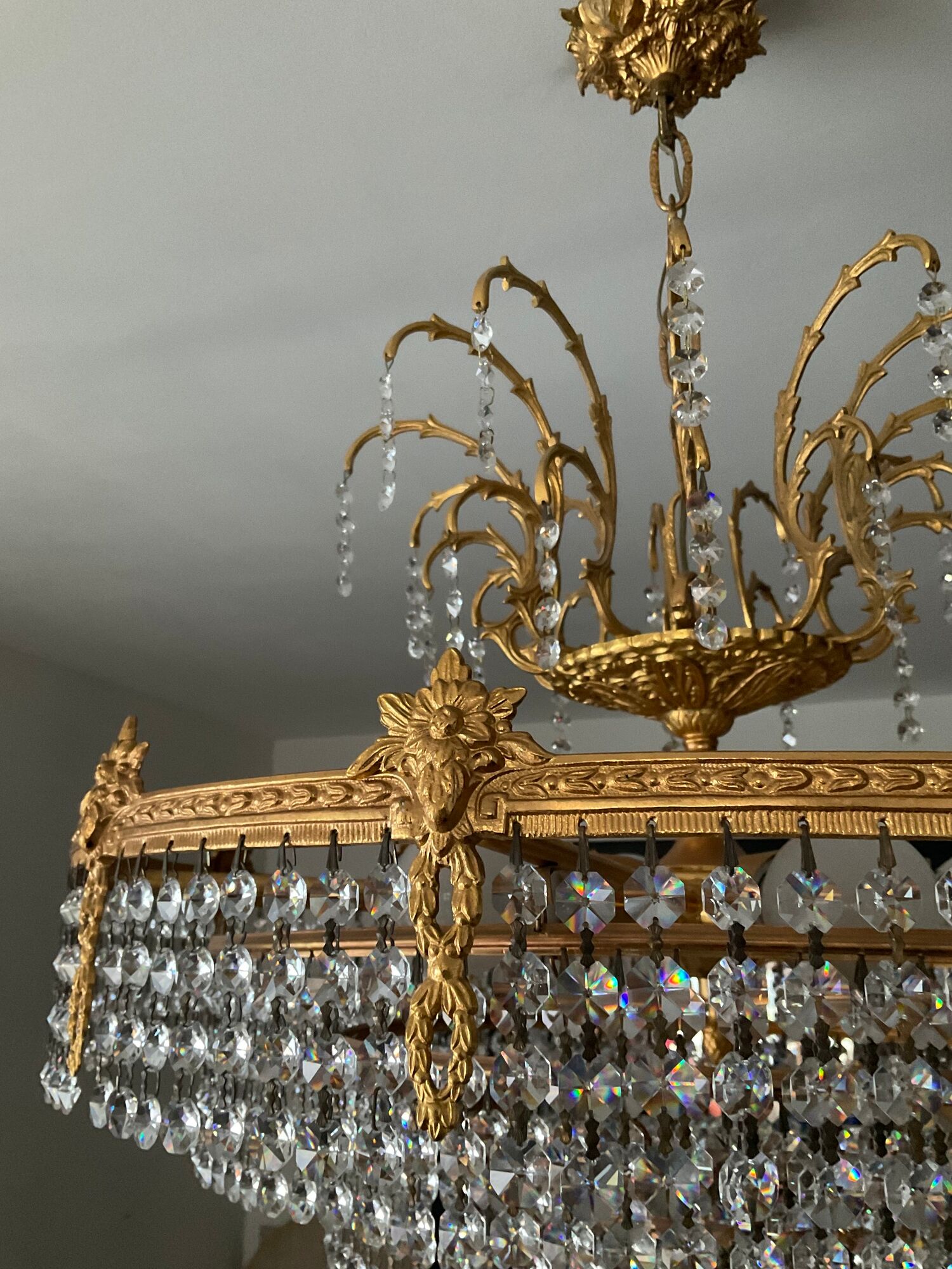 Old bronze waterfall chandelier with crystal tassels