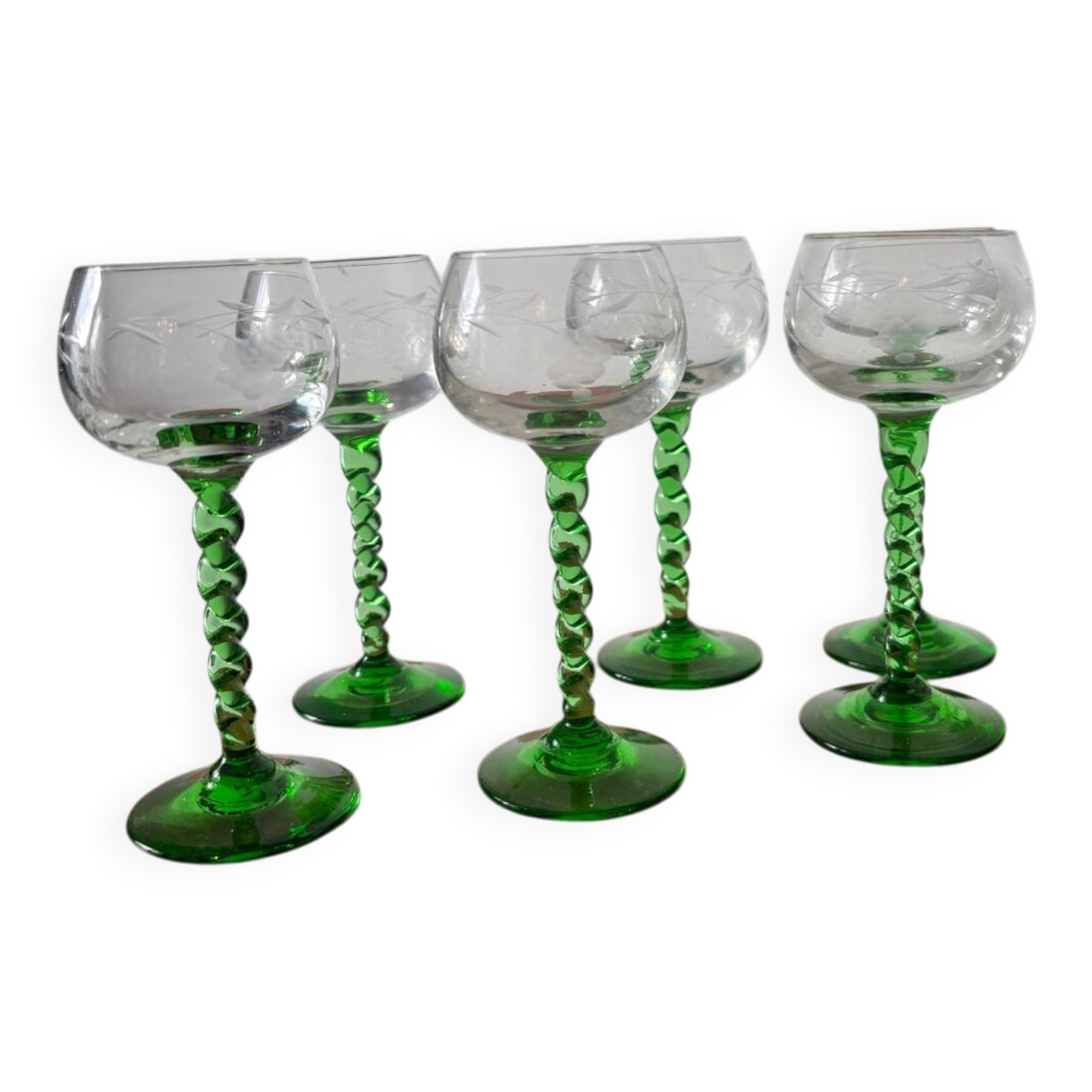 Set of vintage white wine glasses – twisted green stem engraved