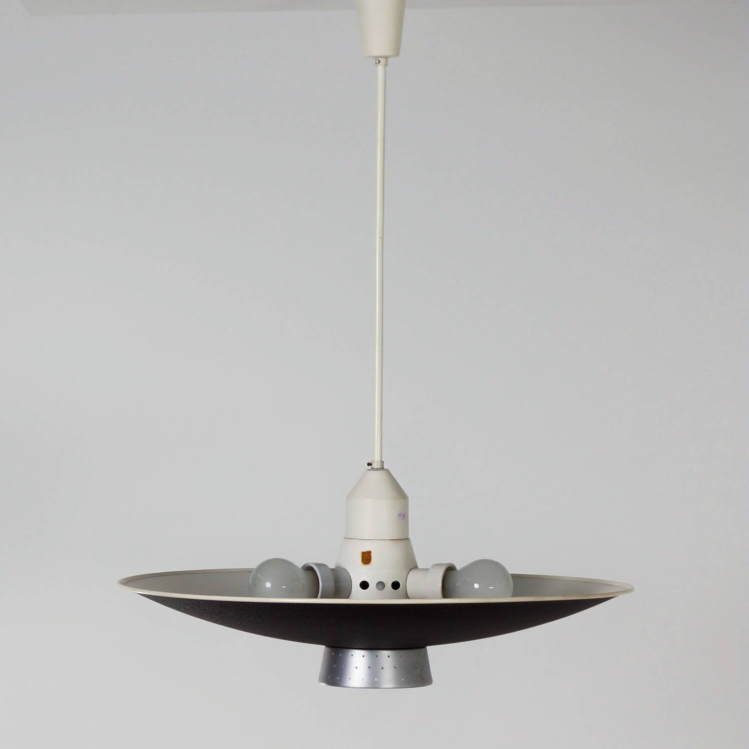 BLACK METAL PENDANT LAMP WITH DIFFUSER BY LOUIS KALFF FOR PHILIPS, 1950S