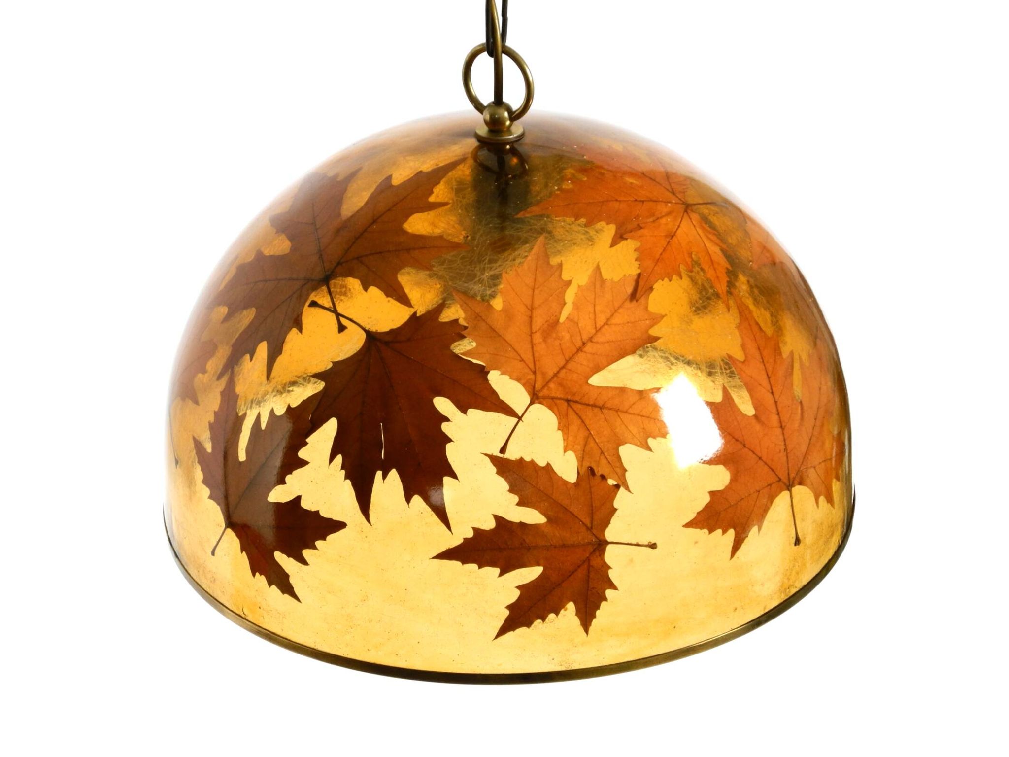 Rare, large 1970s Italian resin pendant lamp with embedded maple leaves