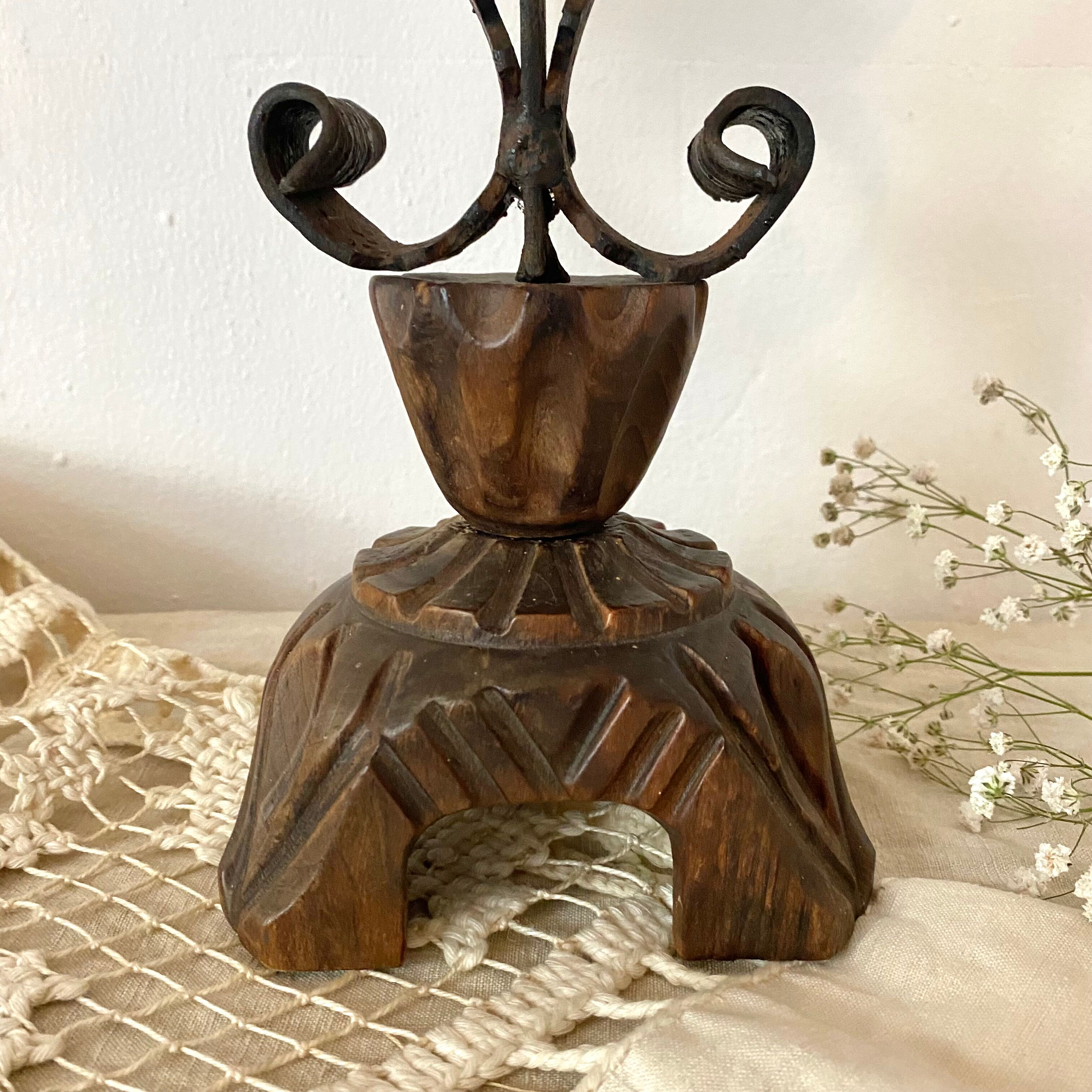 Vintage wooden and wrought iron chandelier