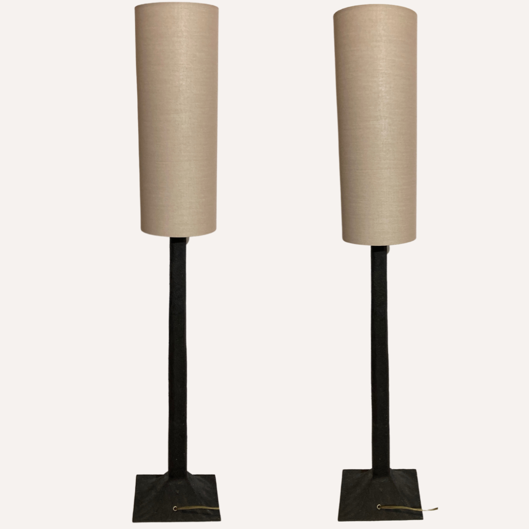 Pair vintage brutalist iron hammered floor or large table lamps, Germany.