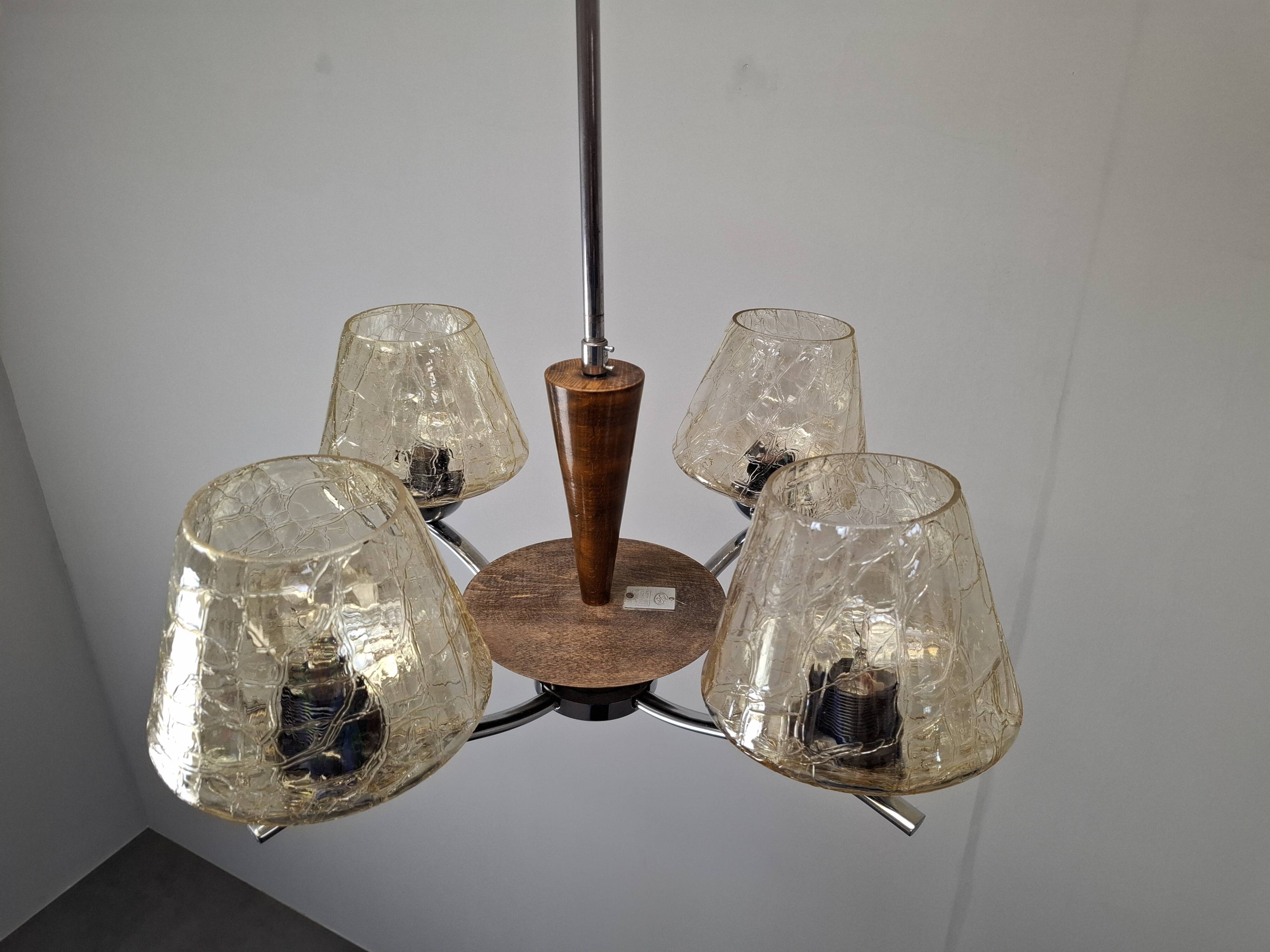 1960s Napako Mid-Century Modern Czech Four-Arm Glass Wood Chrome Chandelier