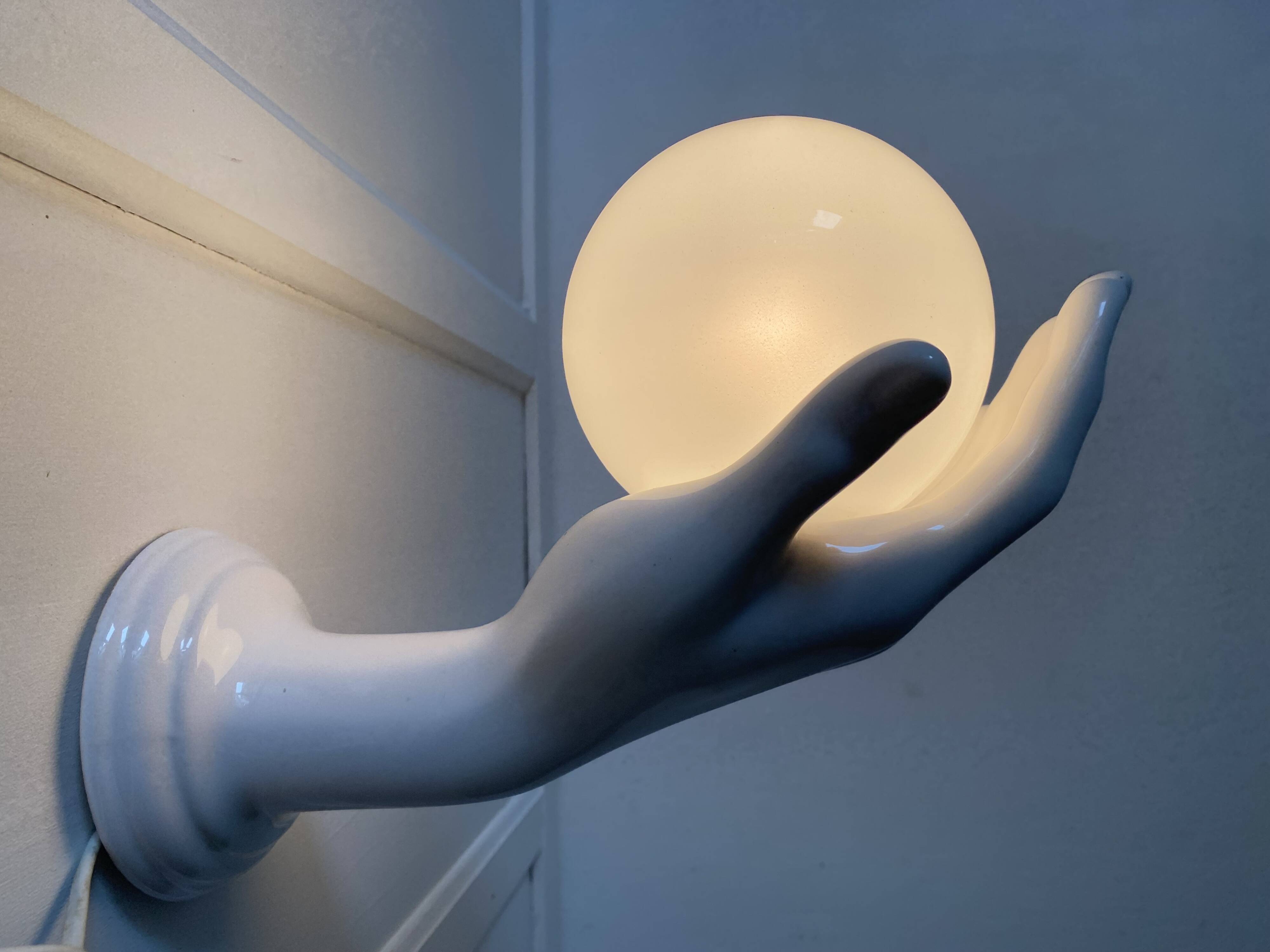 Ceramic and opaline women's hand wall light, 1970s
