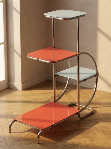 Support en acier Bauhaus par Emile Guyot, étagères en verre coloré, milieu du 20e siècle, Tchécoslovaquie, 90 × 30 × 105 cm