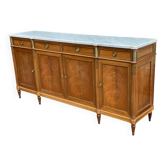 Buffet enfilade Louis XVI en acajou massif plateau marbre blanc 222cm 1950