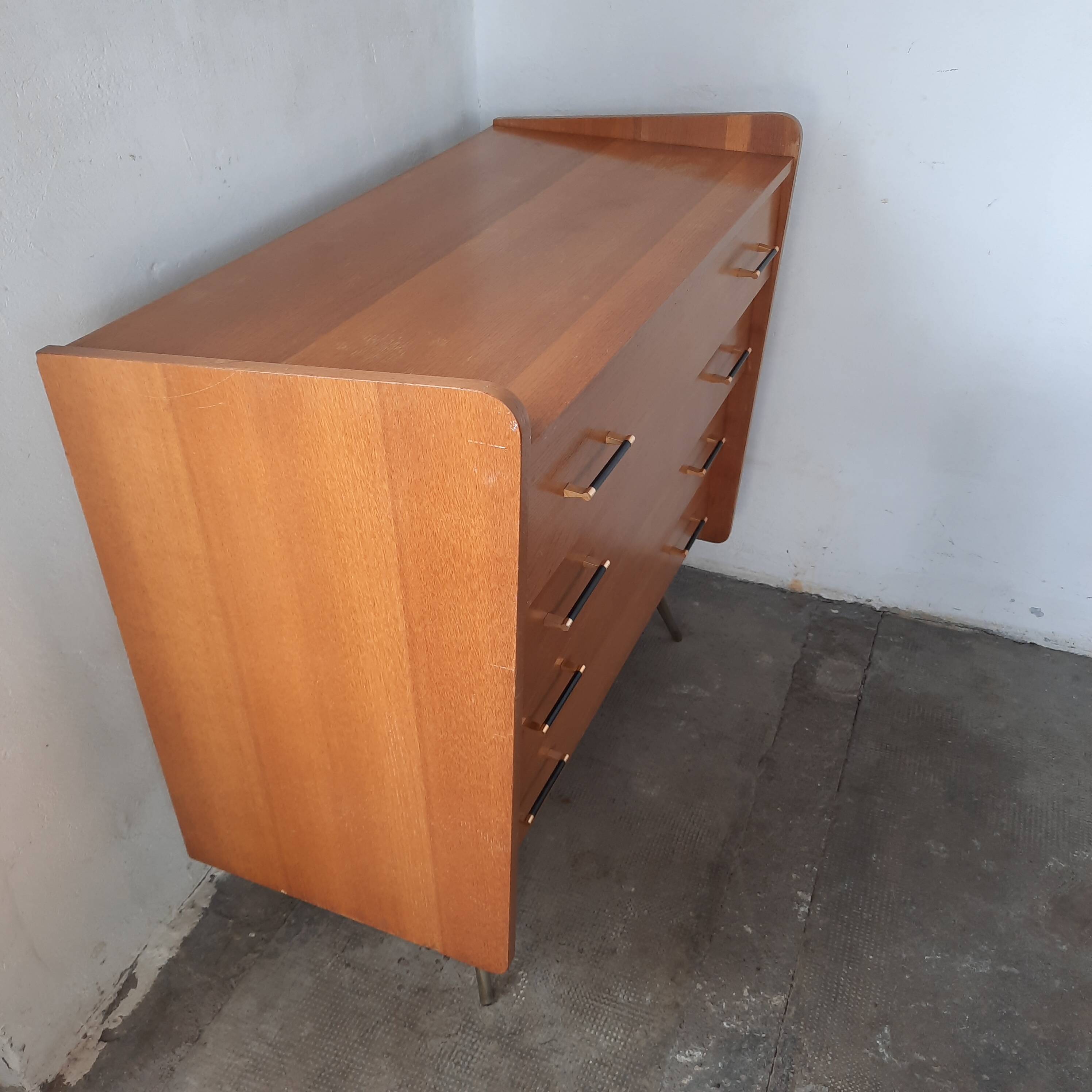 Vintage light oak chest of drawers, brass base
