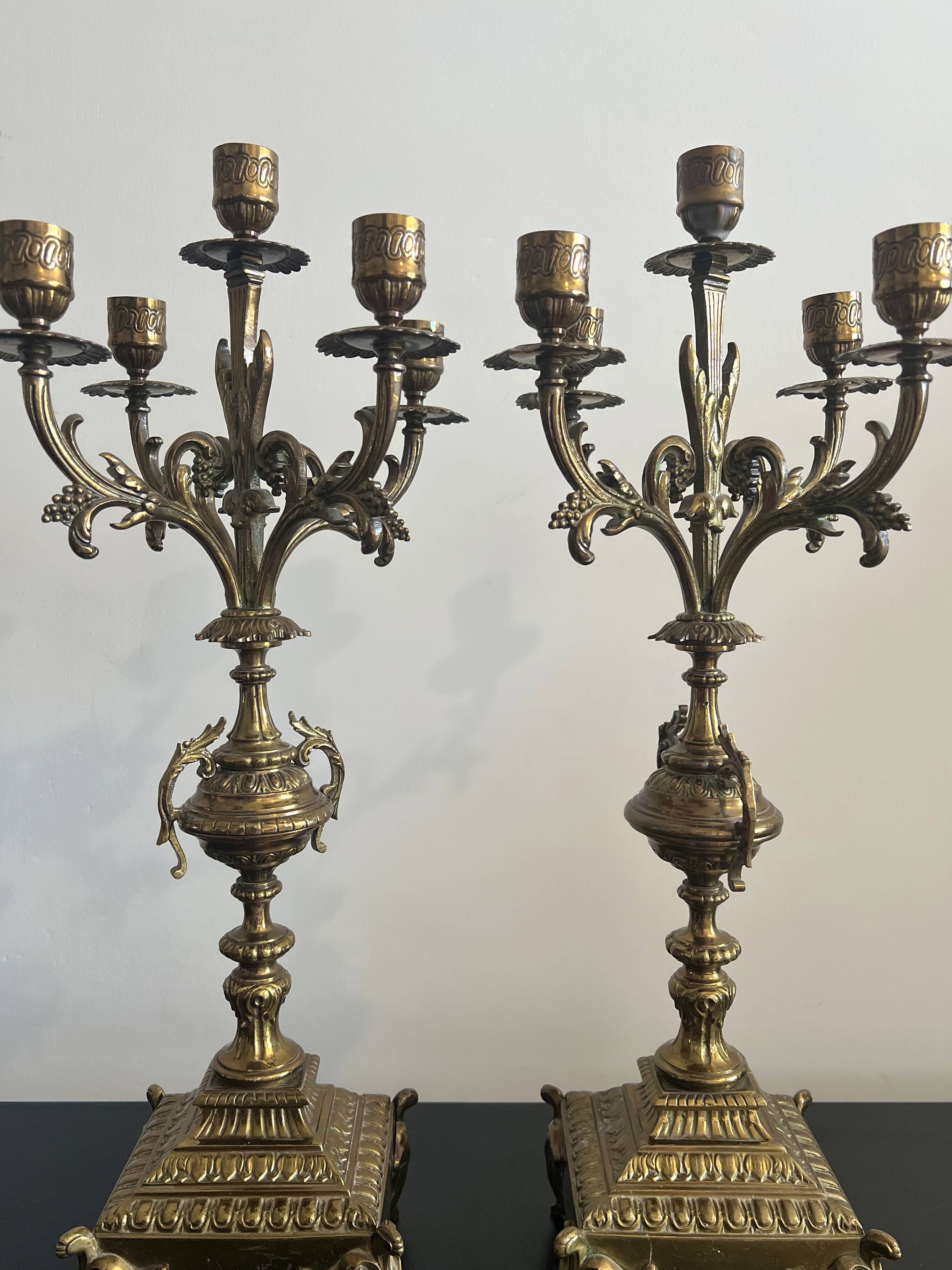 Pair of five-light gilded bronze candelabras, Napoleon III, 19th century.