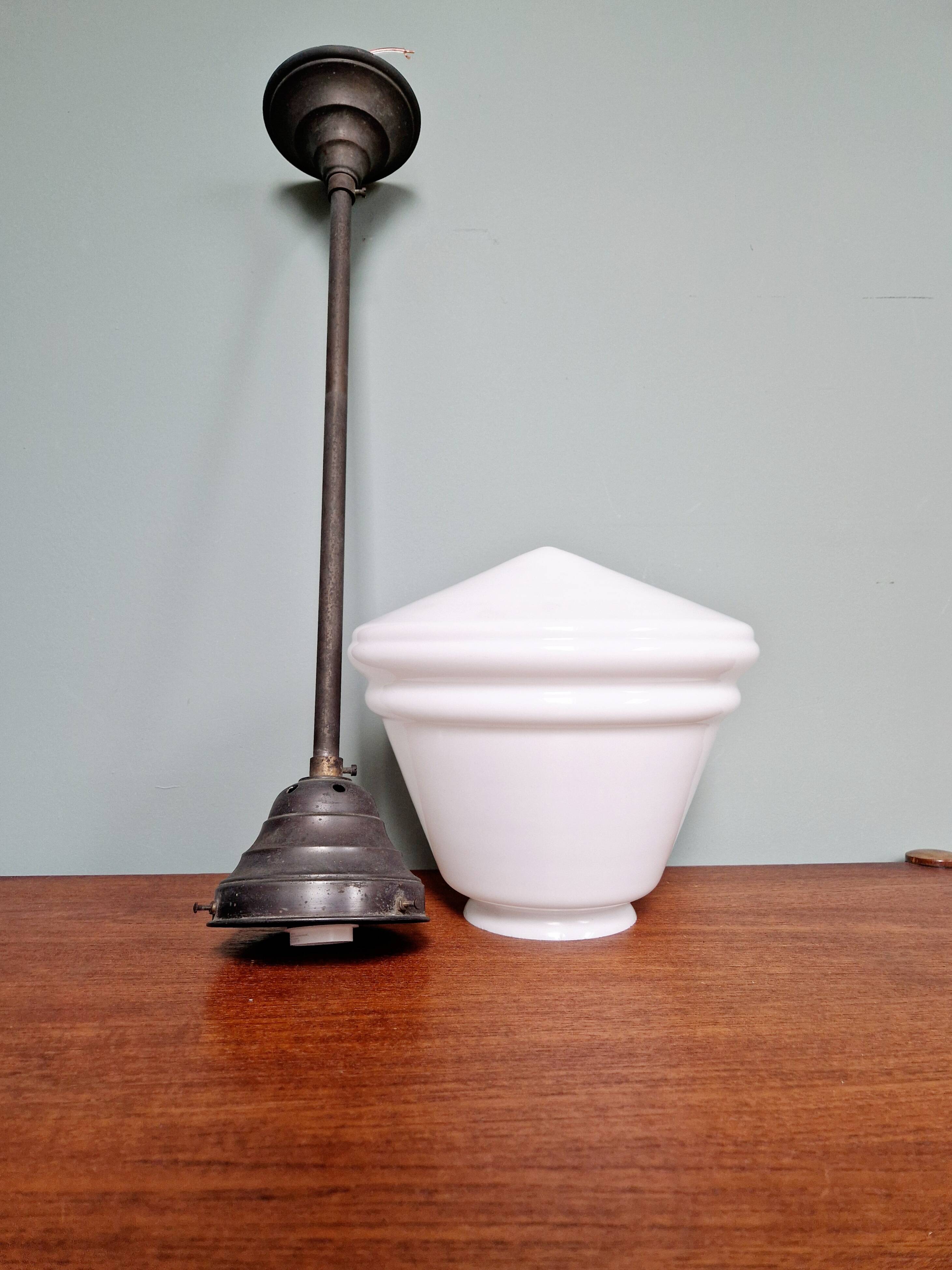 Large Art Deco pendant light in white opaline glass, conical, 1920s-30s