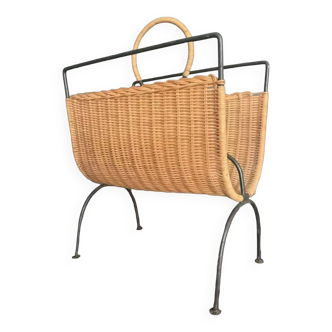 Wicker and lacquered metal magazine holder vintage 1950