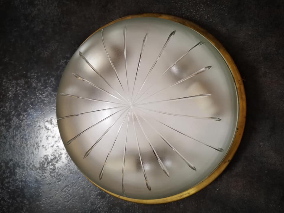 Plafonnier 3 feux ancien verre ciselé holophane vintage 1960/70 ø 31 cm tbe