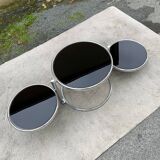 Articulated coffee table with 3 shelves, black glass and chrome, 1980