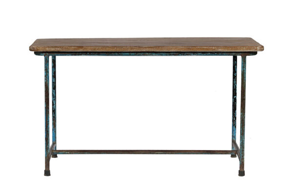 table basse ancienne table d'ecolier vieux teck et metal 94x49x53cm