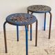 Tabouret industriel acier patine bleue & chocolat vintage