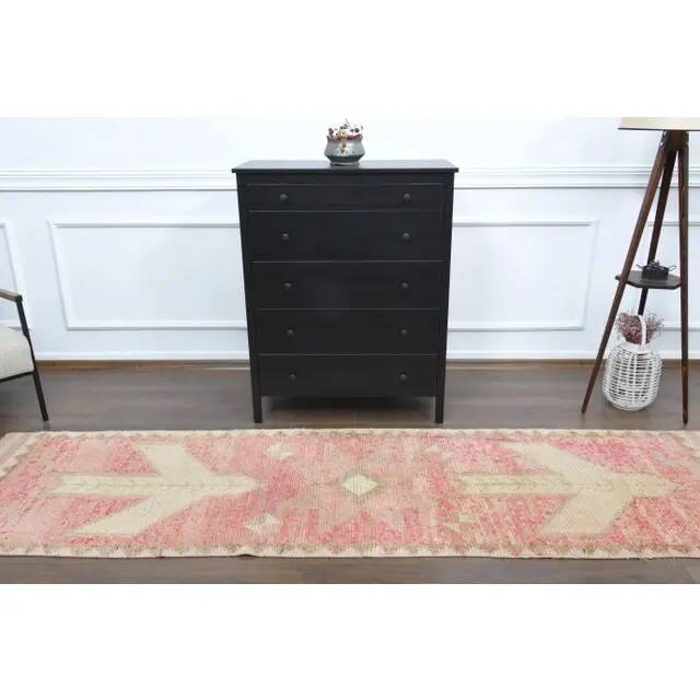 Vintage Turkish Oushak handmade wool cotton pink runner rug 83x310