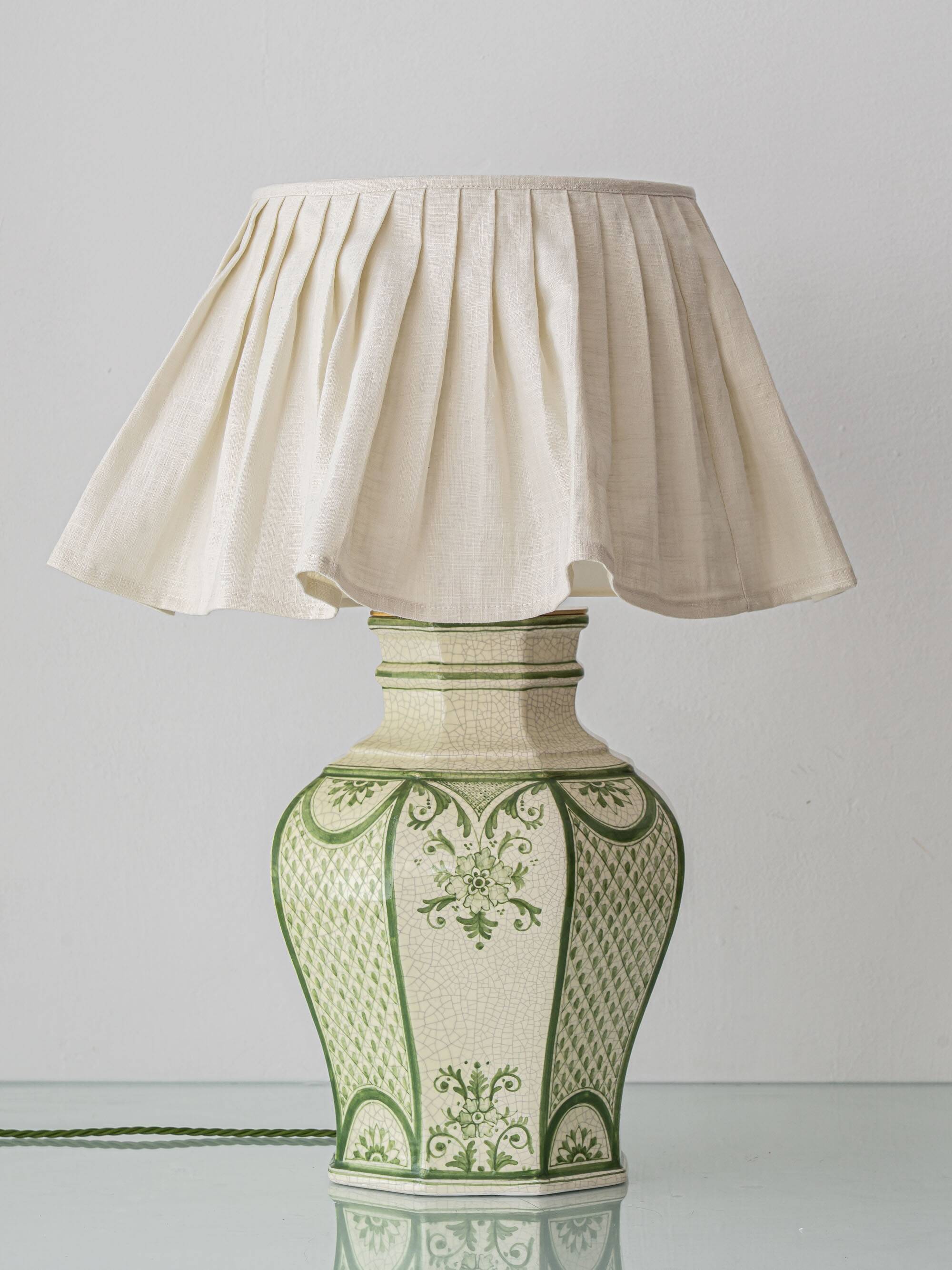 Spanish Revival Table Lamp in Green Ivory Crackle Ceramic, New Linen Shade
