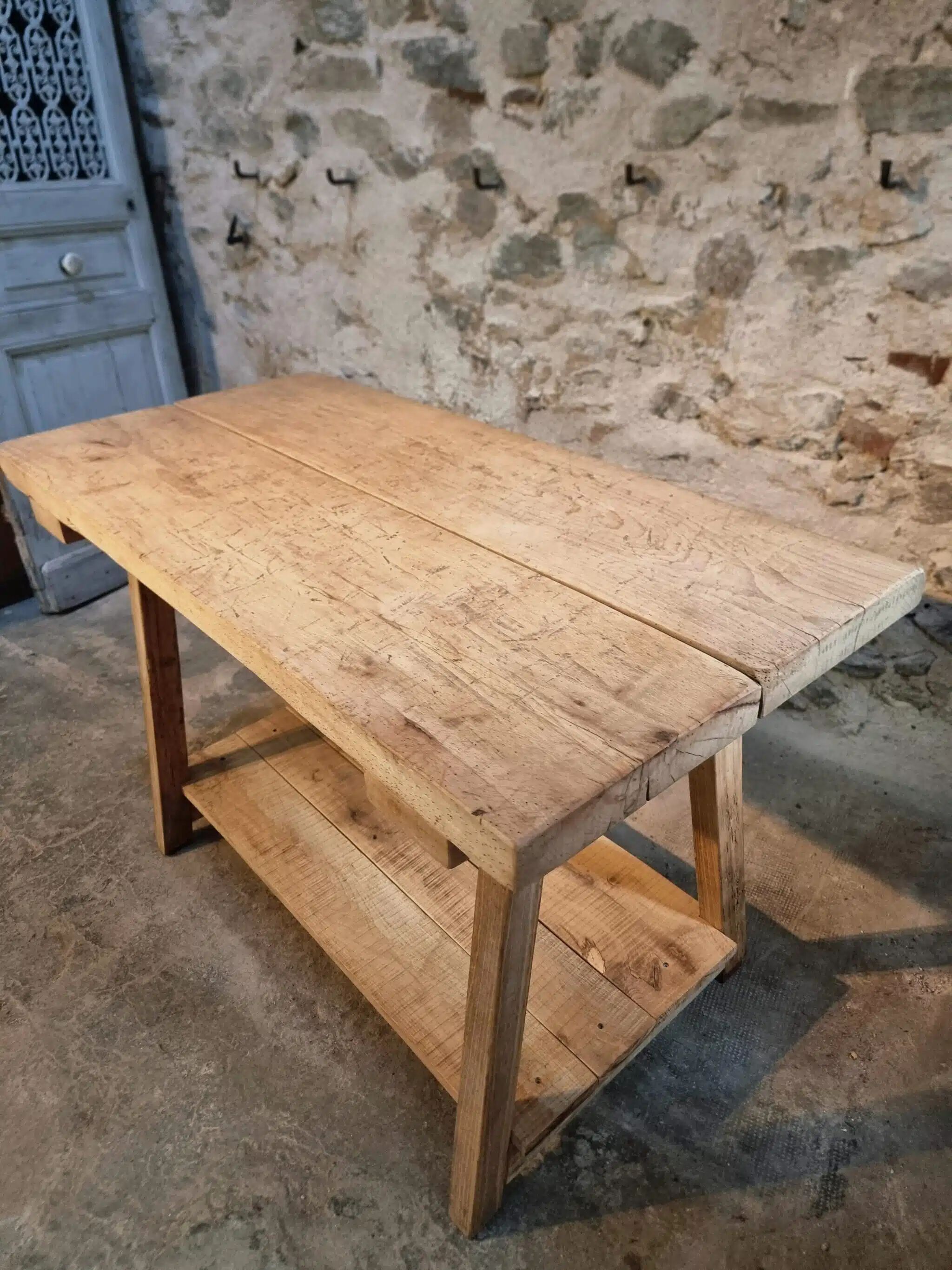 Old French work table / kitchen island / console, beech and chestnut, circa 1930–1950
