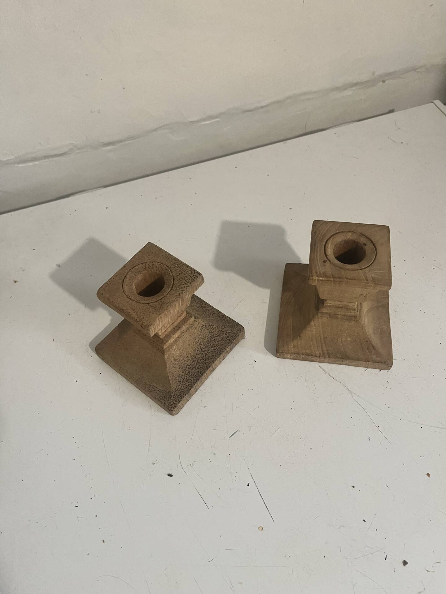 Pair of square teak candle holders — Scandinavian / natural style