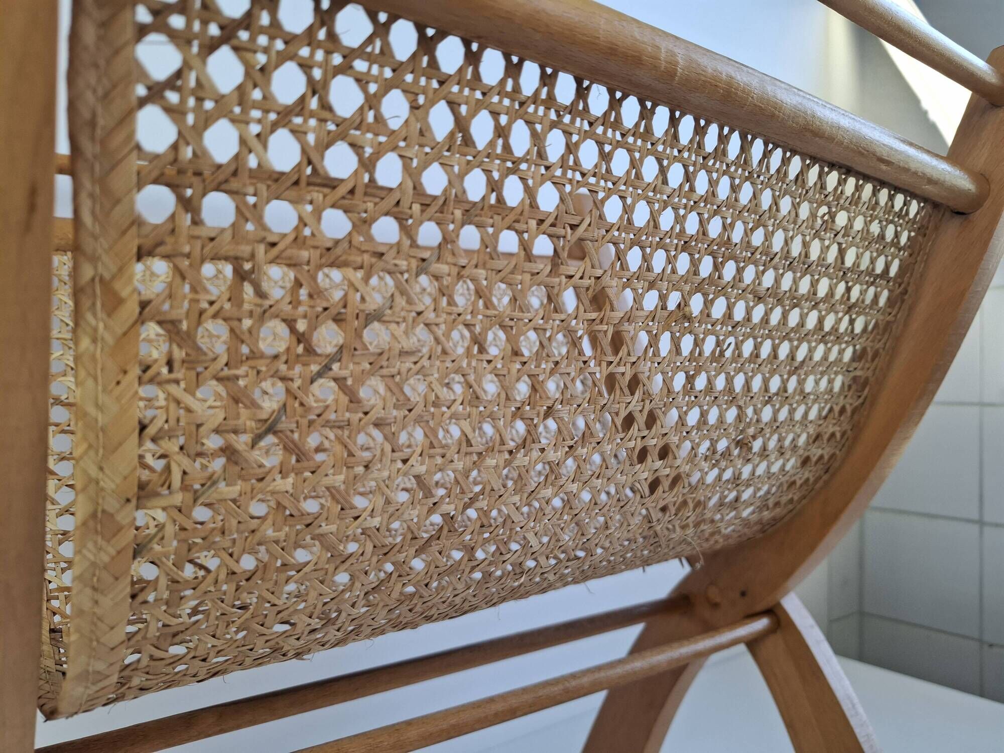 Vintage Mid-Century Wooden and Rattan Folding Magazine Rack, Czechoslovakia