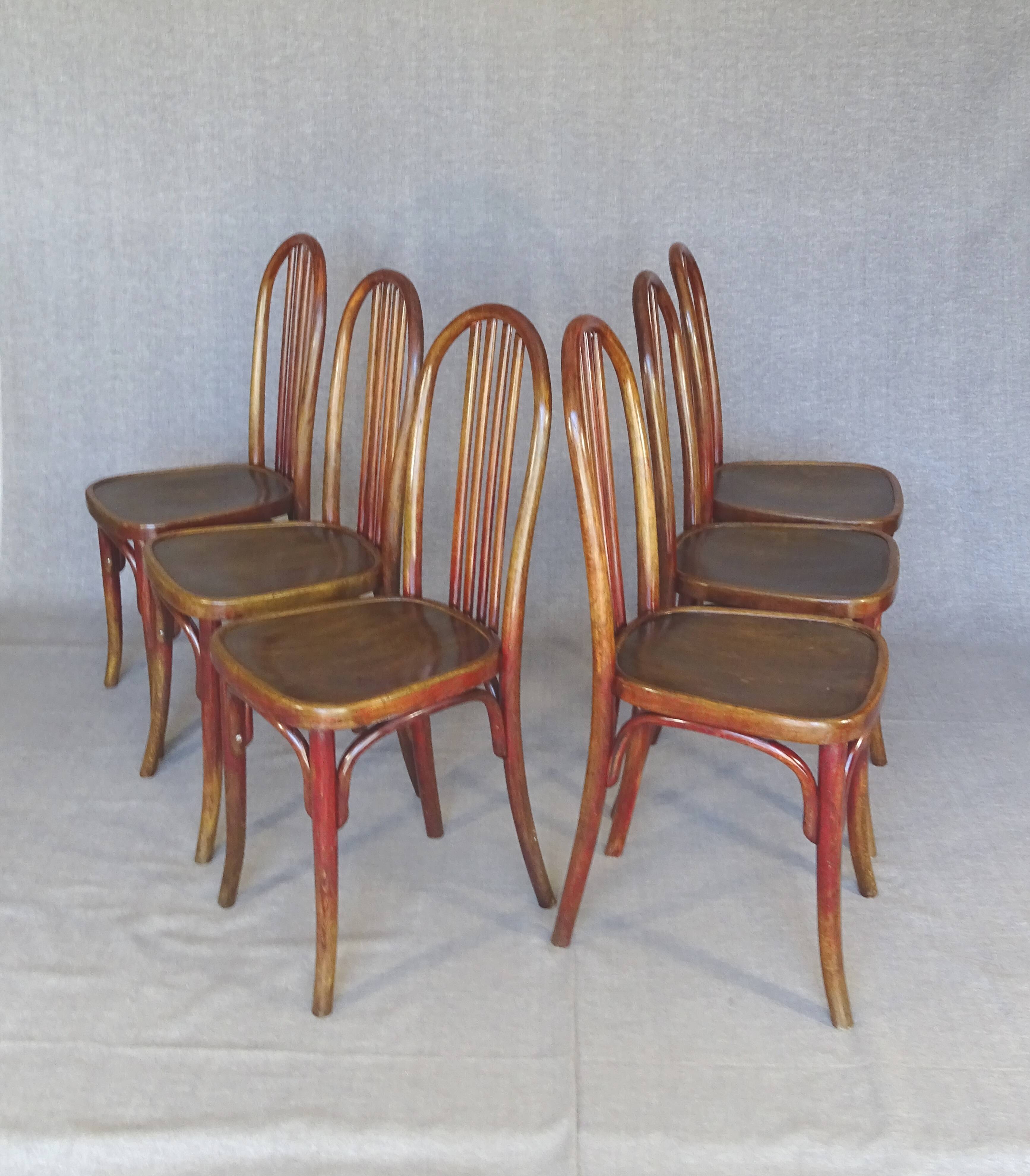 Six bistro chairs, by KOHN, 1925 - not Thonet -