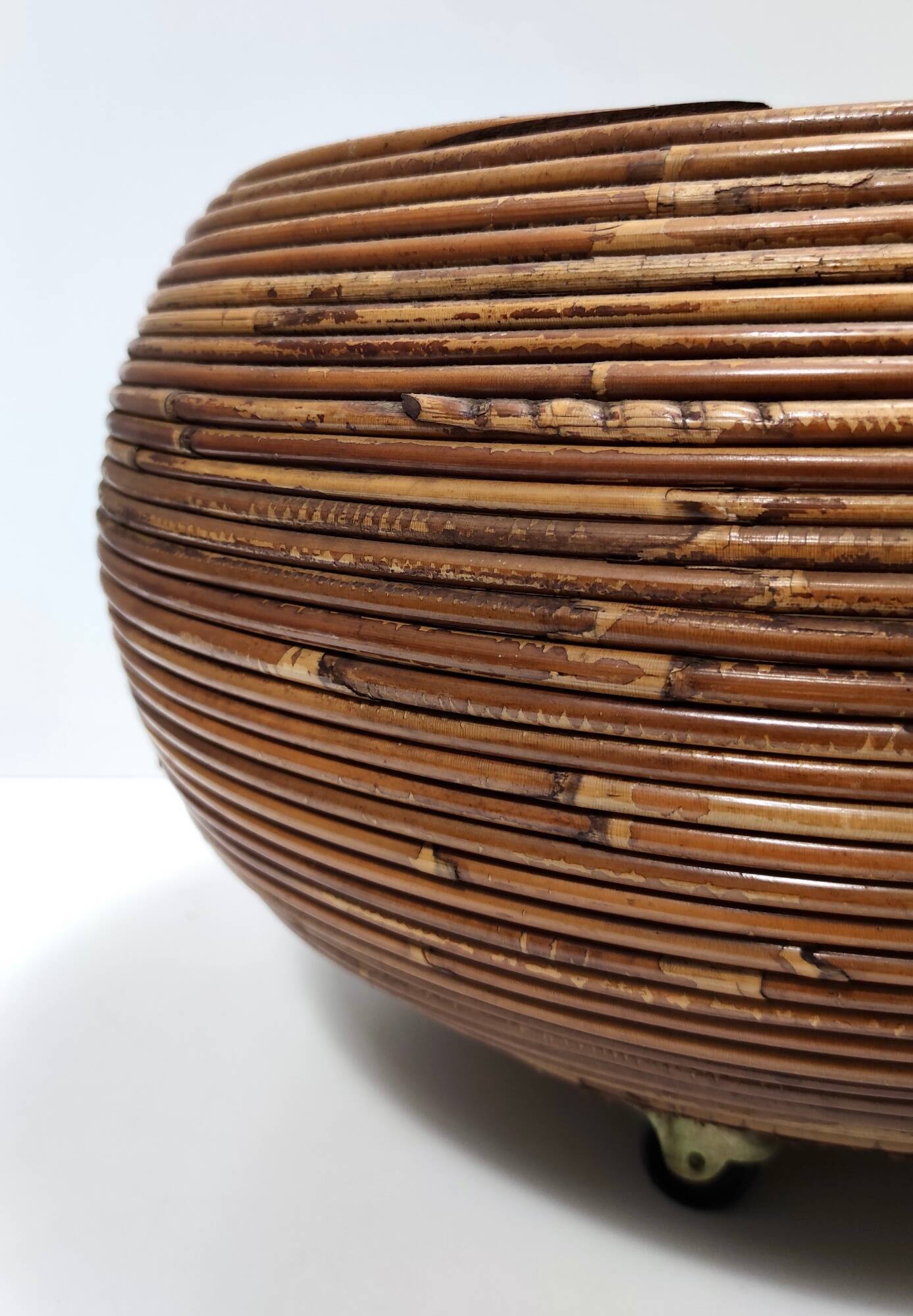Postmodern Round Wicker and Beech Cachepot / Magazine Rack with Casters, Italy