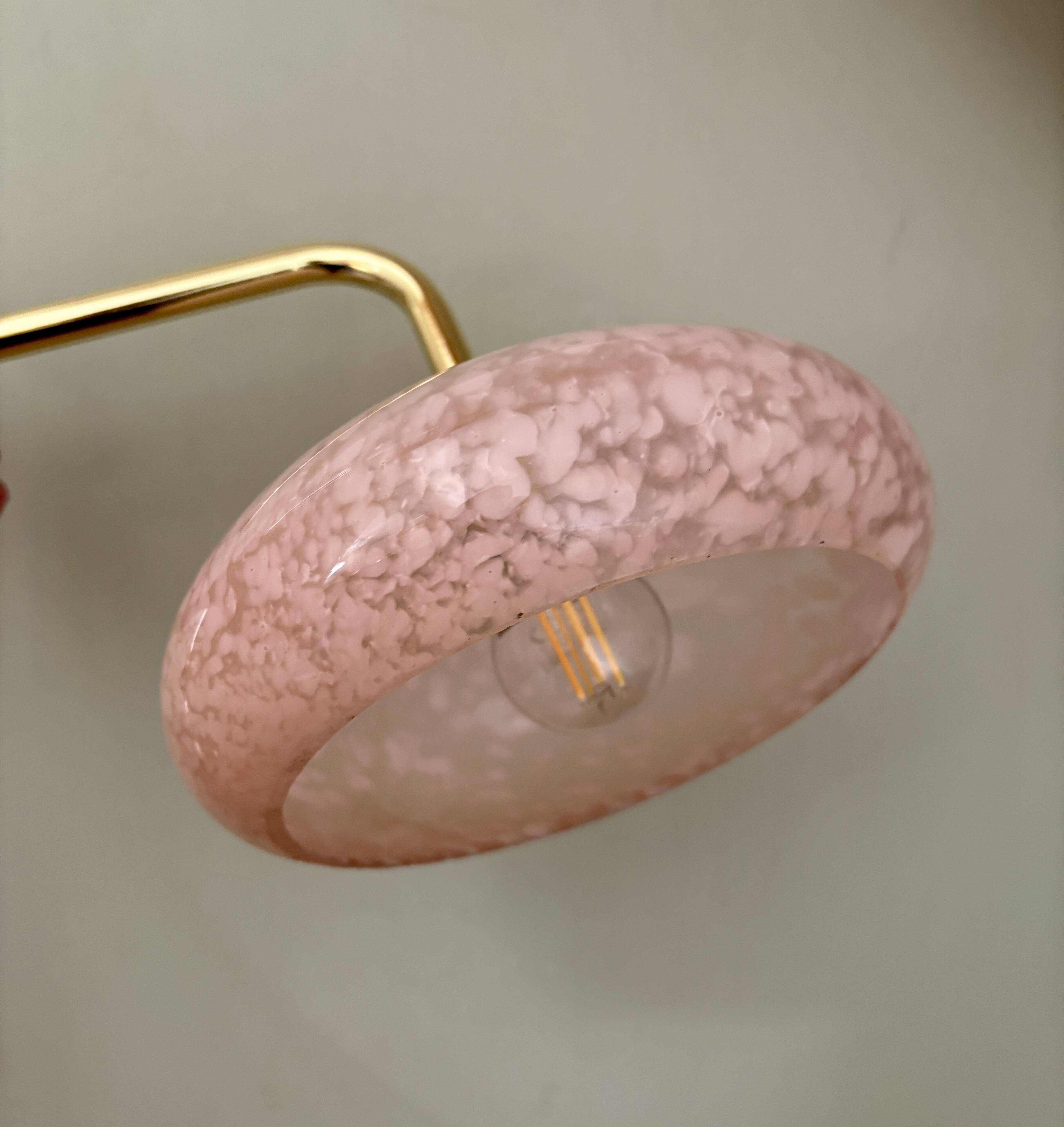 Elbow wall light, vintage glass lampshade from Clichy in pink.