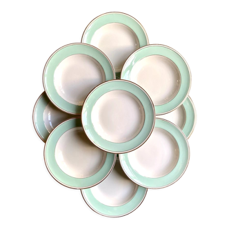 9 assiettes creuses Luneville en porcelaine opaque vert d’eau et dorée