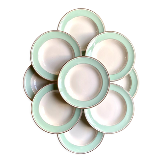 9 Luneville hollow plates in water-green and golden opaque porcelain