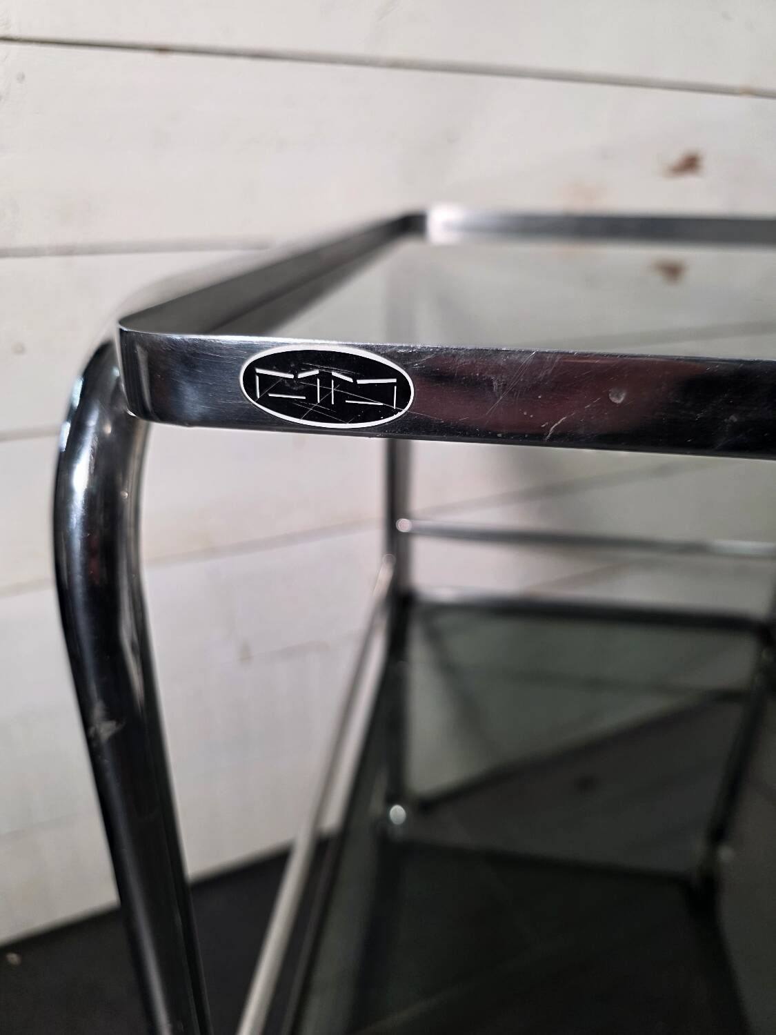 Vintage chrome metal dessert trolley with smoked glass from the 1970s.