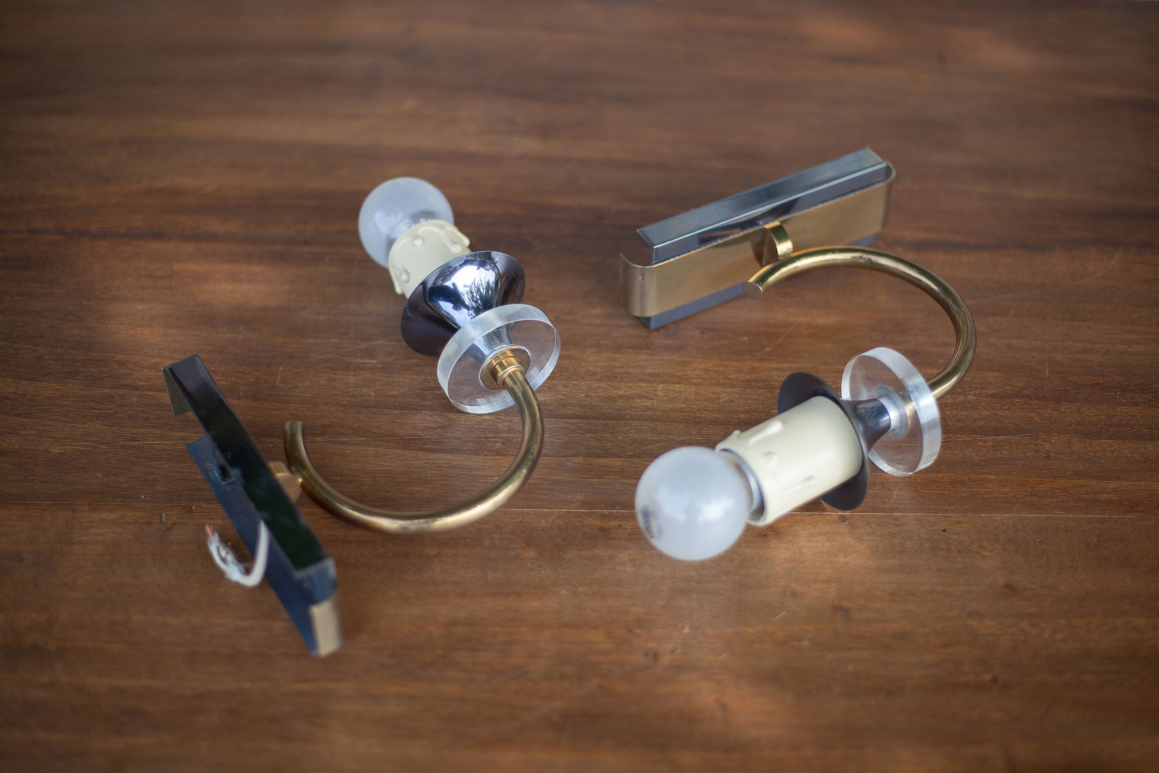 Pair of wall lamps, vintage wall lamp, two-tone brass wall lamp with lucite, lighting, decoration