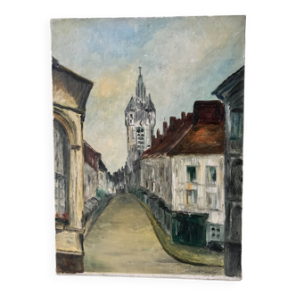 tableau huile sur toile rue église XXème