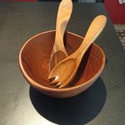 Salad bowl and salad cutlery made of exotic wood
