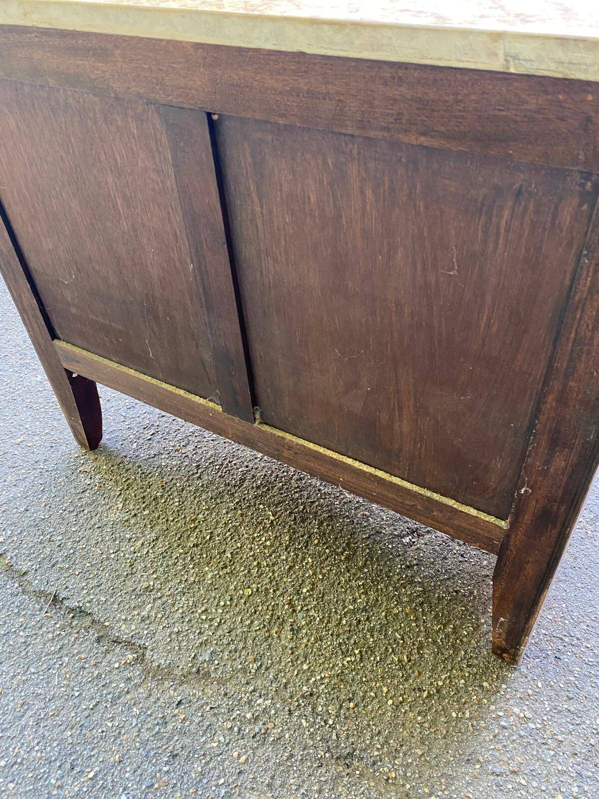 Curved Louis XV chest of drawers in marquetry and beige marble