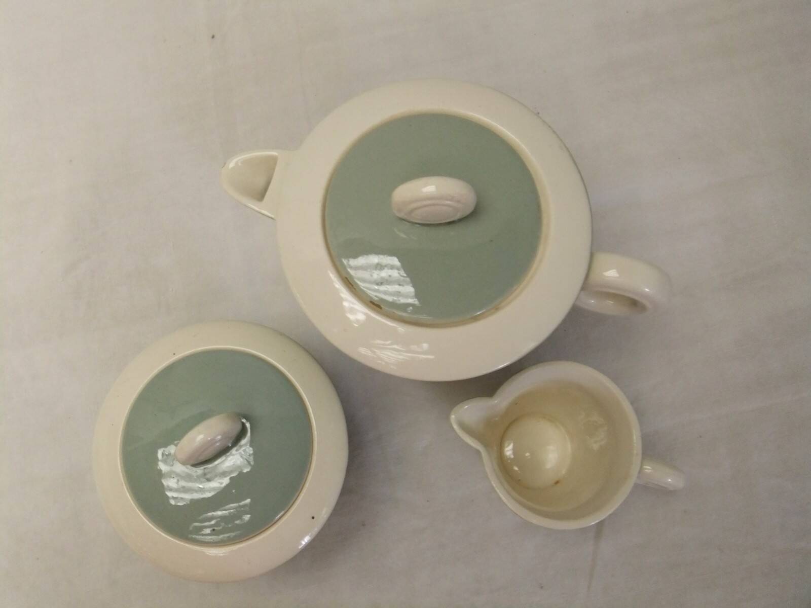Digoin Sarreguemines almond green vintage Art Deco earthenware coffee set