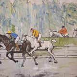 Acrílico sobre lienzo “Carrera de caballos”, León Lafourcade, ff. s. XIX
