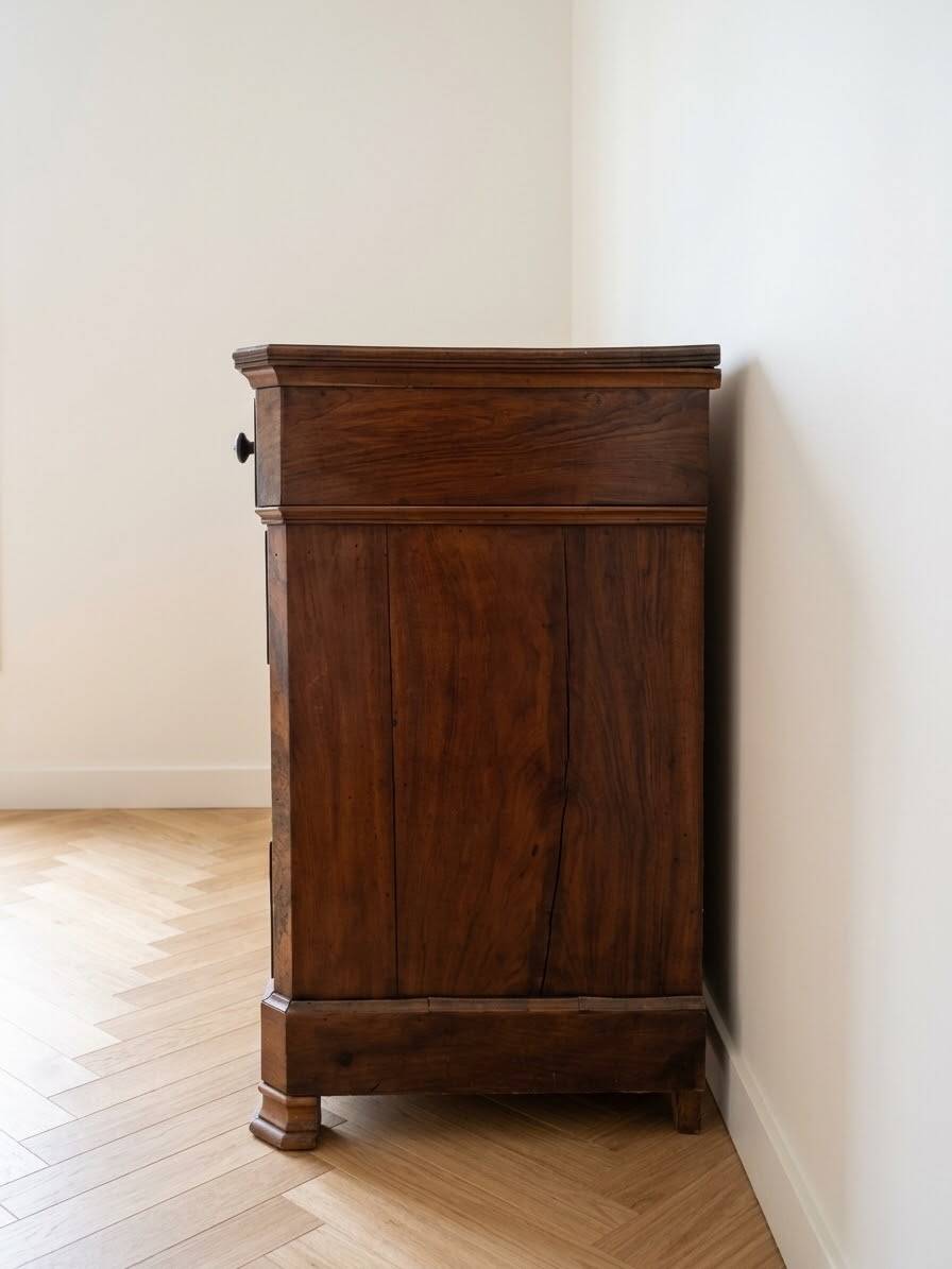 Antique commode in veneered wood with burl.