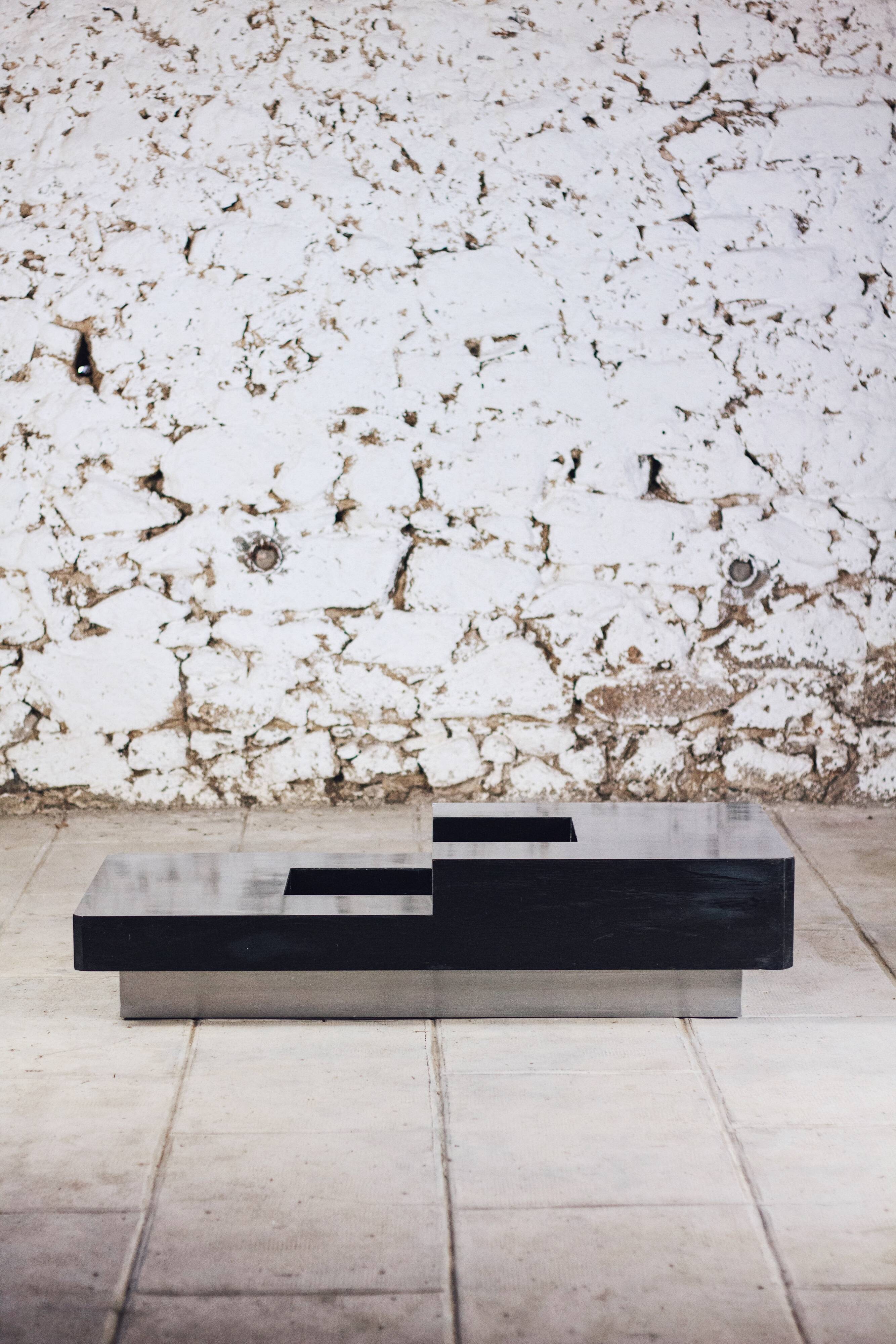 wood and steel bar coffee table, 1980