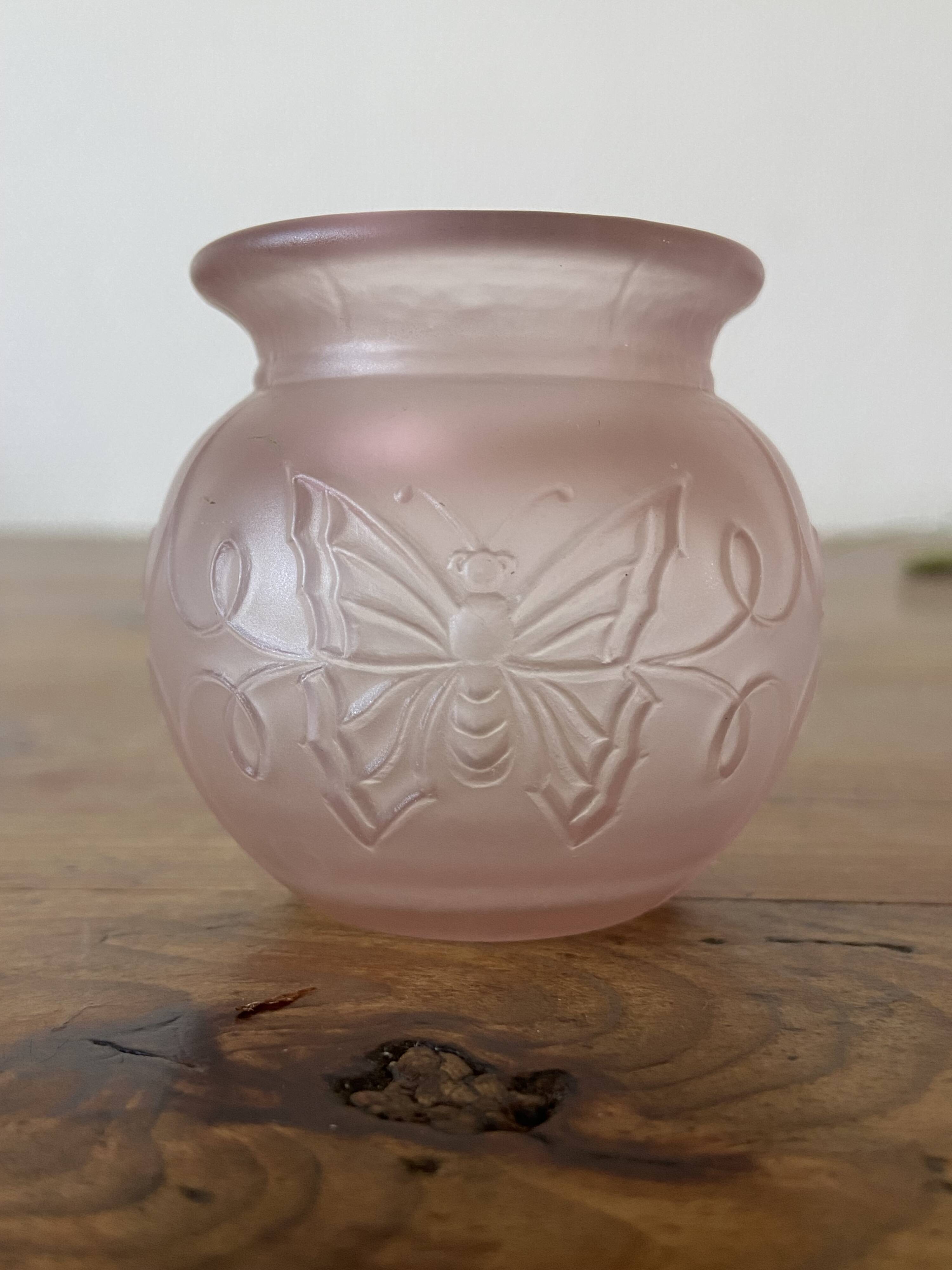 Small pink opaline vase with butterfly motif